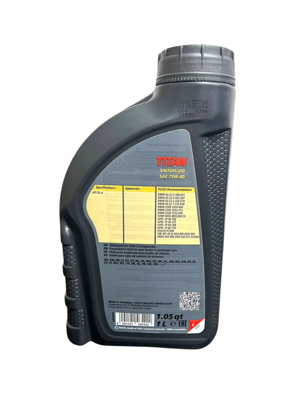 Parte posterior del envase Aceite FUCHS Titan Sintofluid SAE 75W-80 1 litro