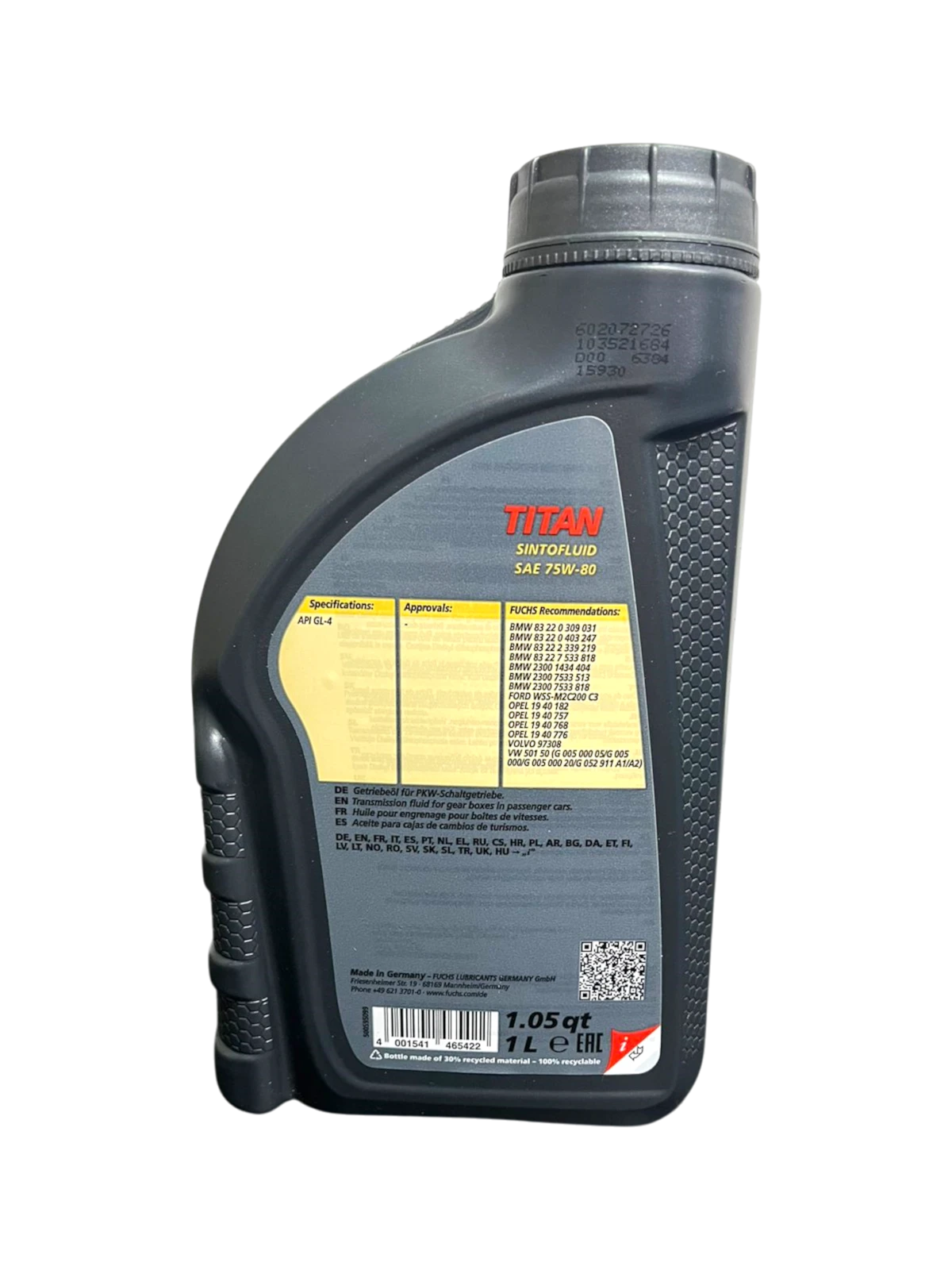 Parte posterior del envase Aceite FUCHS Titan Sintofluid SAE 75W-80 1 litro