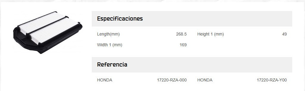 Dimensiones y especificaciones técnicas de filtro de aire JS Asakashi para Honda CRV 2006 a 2012.