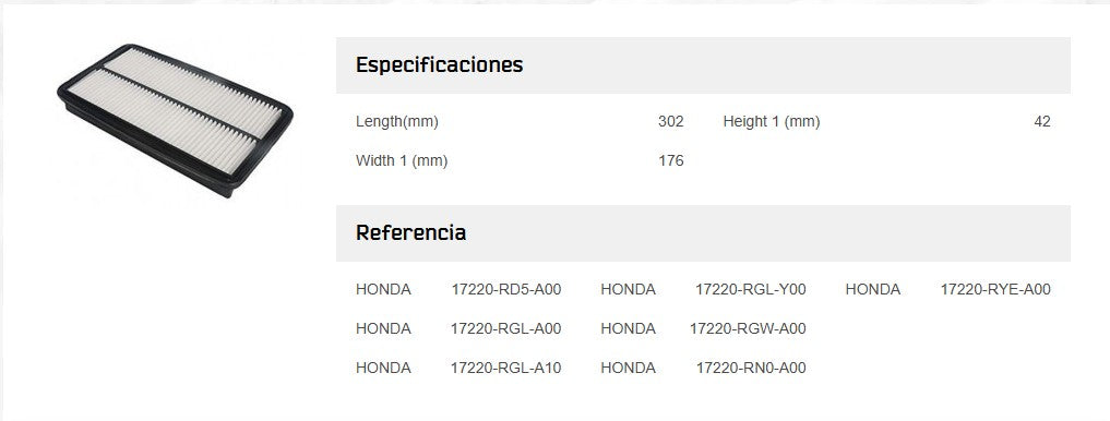 Dimensiones y especificaciones técnicas de filtro de aire JS Asakashi para Honda Pilot 2008 a 2015.