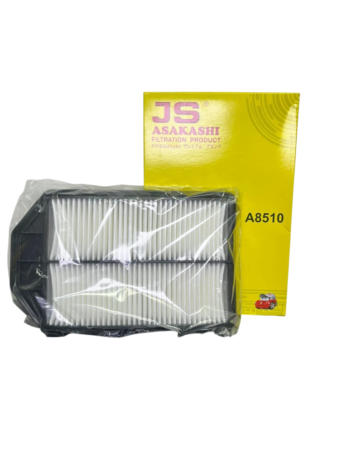 Rex Repuestos JS Asakashi A8510 air filter for Honda CRV 2006-2012. White pleated filter media in black frame, sealed in plastic.
